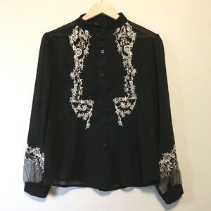 Xingchenkaiyi Black Sheer White Embroidered Coquette Button Down Shirt